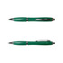 A green metal pen with a sleek design and chrome accents, featuring a clip and a pointed tip.