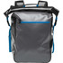 A grey and black waterproof backpack with blue accents, featuring a top handle and adjustable shoulder straps.