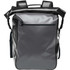 A grey waterproof backpack with a roll-top closure and adjustable straps, featuring a front zip pocket and a logo.