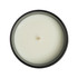 A large glass candle in a black container, featuring a smooth, white wax surface and a centered wick.