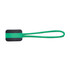 A green and black zip puller with a flexible loop for easy handling. Features a simple design and durable materials.