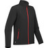 A black softshell jacket with red zippers, featuring a high collar and side pockets. It has a logo on the lower part.