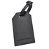 A black luggage tag with a textured surface and a durable adjustable strap, featuring a logo.