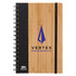 A bamboo and fabric-covered A5 notebook featuring a spiral binding and a logo for Vertex Financial Solutions Inc.