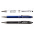 Three metal pens in white, blue, and black, each featuring a logo and a sleek design.