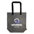 A grey tote bag with black handles and a logo displayed prominently on one side.