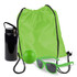 A green drawstring backpack, a black drink bottle, a green stress ball, and green sunglasses.