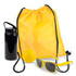 A yellow drawstring bag, a black drink bottle, a yellow bouncy ball, and yellow sunglasses.