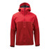 A red rain jacket featuring a hood, zippered pockets, and a logo on the front.