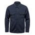 A navy blue unisex fleece shacket featuring a button-up front and two chest pockets, with a logo on the label.