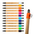 A collection of wooden pens in various colours, with a logo and a stylus tip on one pen.