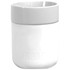 A drink bottle featuring a white ceramic body with a grey silicone wrap and a logo.