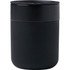 A black ceramic tumbler with a silicone wrap and a matching lid, designed for hot or cold beverages.