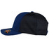 A navy blue and black cap featuring a mesh back and a logo on the front.