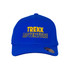 A blue cap with a structured design, featuring a yellow logo and adjustable back.
