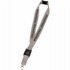 A grey lanyard featuring a branding logo, designed for holding identification or access cards.