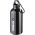 A drink bottle in black with a carabiner, featuring a logo on the side.