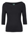 A black ladies' 3/4 sleeve boat neck tee with a fitted design and a logo on the label.