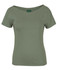A ladies’ short sleeve boat neck tee in olive green, featuring a fitted design and a logo tag.