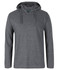 A grey long-sleeved hooded tee with a front pocket and a branding logo on the tag.