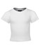 A white infant tee featuring short sleeves and a round neckline, with a logo branding on the front.