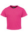 A bright pink infant tee with short sleeves and a crew neckline, featuring a logo inside the collar.