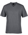 A grey V-neck t-shirt with short sleeves and a logo on the label.