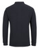 A long-sleeve black polo shirt featuring a classic collar and a small logo on the back.
