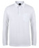 A white long-sleeve polo shirt featuring a pocket and a logo on the collar.
