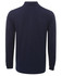 A navy long-sleeve polo shirt with a collar and button placket, featuring a logo on the front.