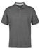A grey polo shirt featuring a classic collar, short sleeves, and three-button placket, with a logo.