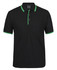 A black polo shirt featuring a collar and sleeve trims in bright green, with a logo on the chest.