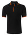A black polo shirt with contrasting orange stripes on the collar and sleeves. Features a logo on the chest.
