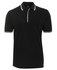 A black polo shirt with contrasting white striped details on the collar and sleeves, featuring a logo.