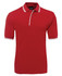A red polo shirt with short sleeves, featuring contrasting white detailing and a logo on the label.