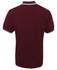 A burgundy polo shirt with contrasting white details and short sleeves. It has a logo on the chest.