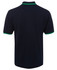 A navy polo shirt with green contrast detailing on the collar and sleeves, featuring a branding logo.