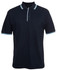 A navy polo shirt with contrasting light blue details and a logo on the chest. Short sleeves and a classic collar.