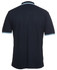 A navy polo shirt with contrasting light blue stripes on the collar and sleeve edges. It features a logo.