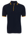 A polo shirt in navy blue with contrasting yellow stripes on the collar and sleeves, featuring a logo.