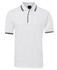 A white polo shirt with contrasting navy stripes on the collar and sleeves, featuring a logo on the chest.