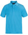 A blue short-sleeve polo shirt featuring a collar and a button placket, with a logo.