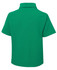 A green polo shirt featuring a collar and short sleeves, with a brand logo on the back.