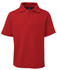 A red short-sleeved polo shirt with a collar and buttons, featuring a logo on the chest.