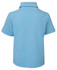 A light blue short-sleeved polo shirt with a collar and a logo. The back view is displayed.