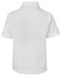 A white children's polo shirt with a collar and short sleeves, featuring a logo on the back.