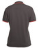A dark grey polo shirt with red contrast detailing and a collar. It features a logo on the back.