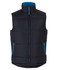 A black puffer vest with a blue lining and contrasting blue zipper details. It features a high collar and pockets.