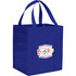 A blue non-woven grocery tote bag with two handles and a logo on the front.