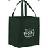 A green non-woven grocery tote bag with sturdy straps and a logo on one side.
